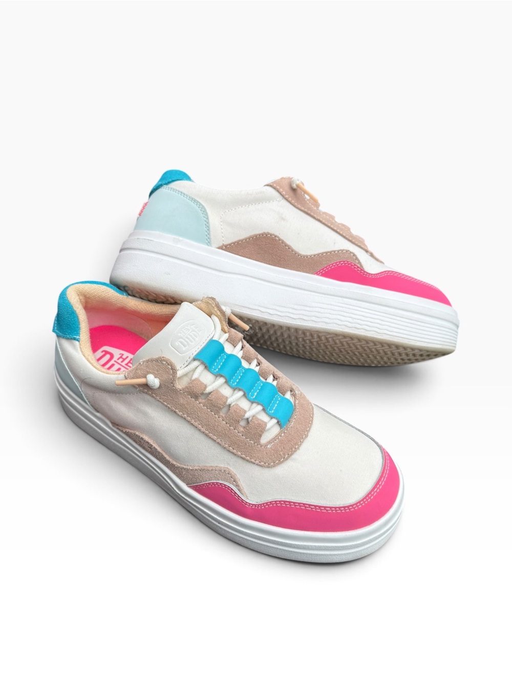 HEYDUDE Women's Hudson Lift Colorblock Platform Sneakers Pink Blue Size 8